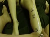 Incredible deep footing insertion features pierced dude penetrated calf deep in his asshole